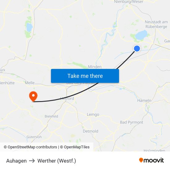 Auhagen to Werther (Westf.) map