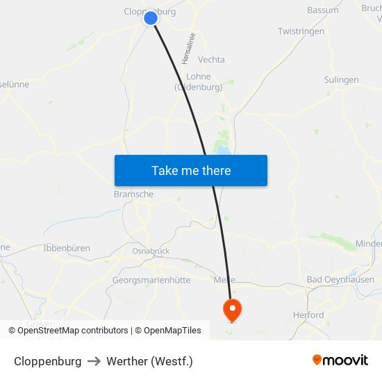 Cloppenburg to Werther (Westf.) map