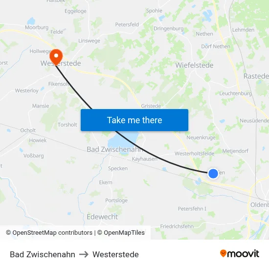 Bad Zwischenahn to Westerstede map