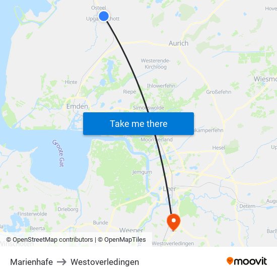 Marienhafe to Westoverledingen map