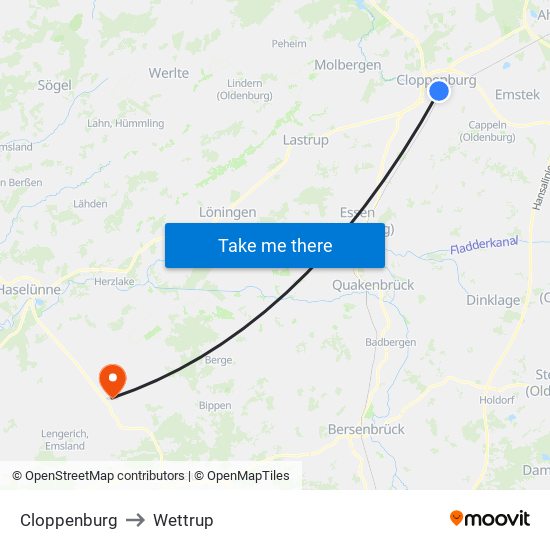 Cloppenburg to Wettrup map