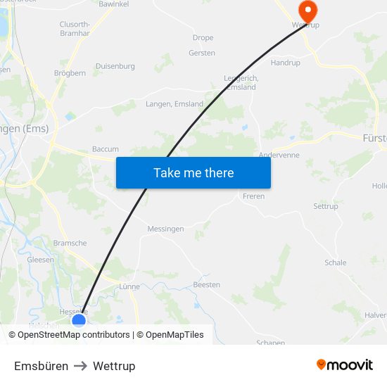 Emsbüren to Wettrup map