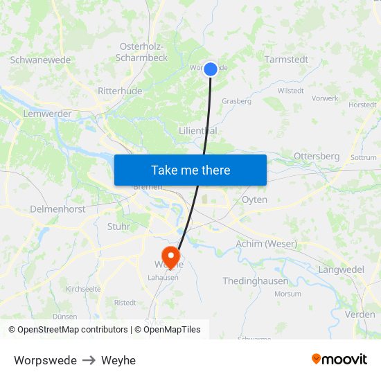 Worpswede to Weyhe map