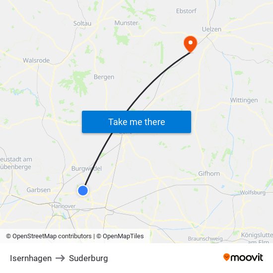 Isernhagen to Suderburg map