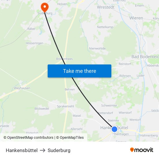 Hankensbüttel to Suderburg map