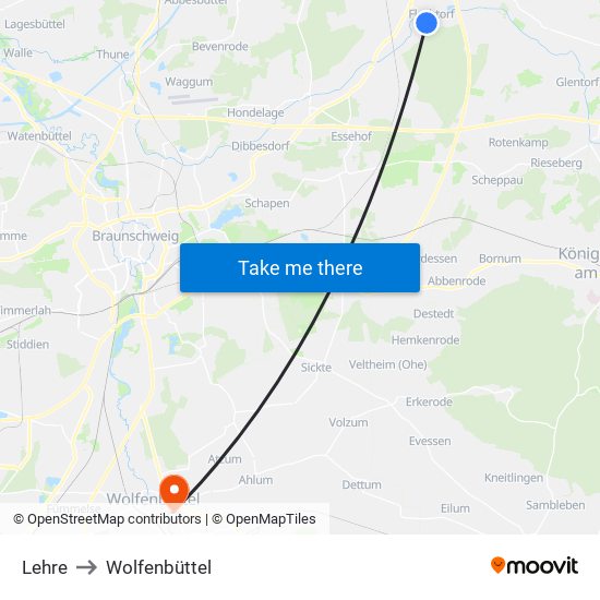 Lehre to Wolfenbüttel map