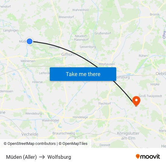 Müden (Aller) to Wolfsburg map