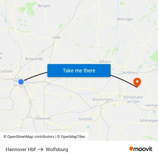 Hannover Hbf to Wolfsburg map