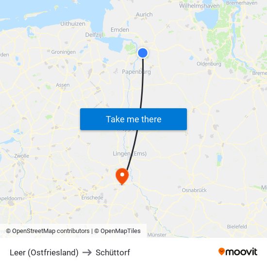 Leer (Ostfriesland) to Schüttorf map