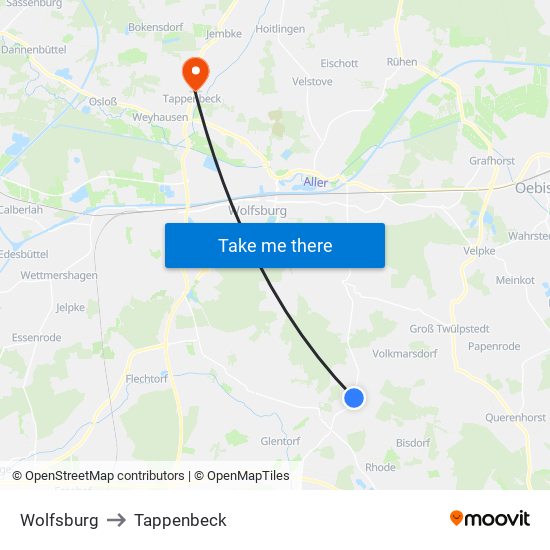 Wolfsburg to Tappenbeck map