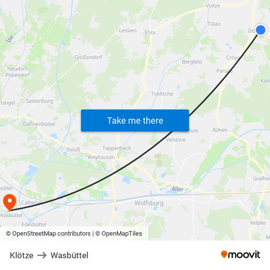 Klötze to Wasbüttel map