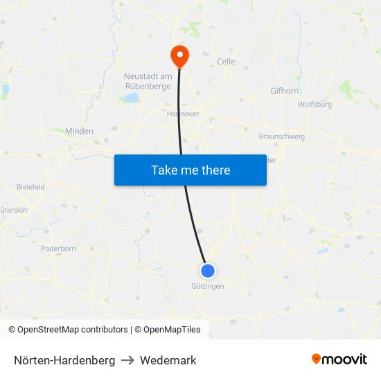 Nörten-Hardenberg to Wedemark map