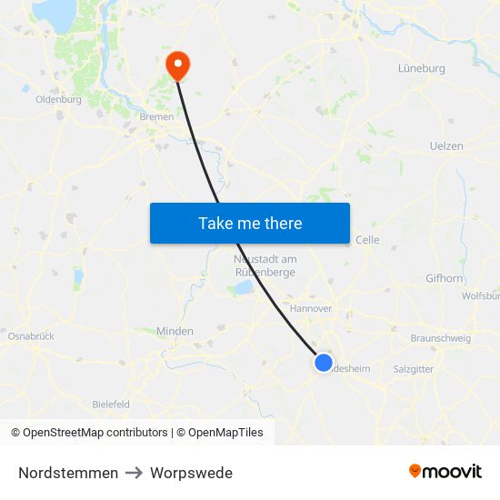 Nordstemmen to Worpswede map