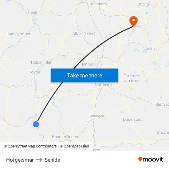 Hofgeismar to Sehlde map