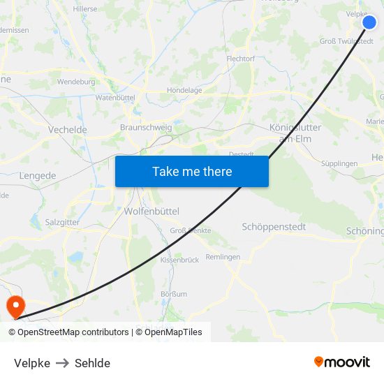 Velpke to Sehlde map