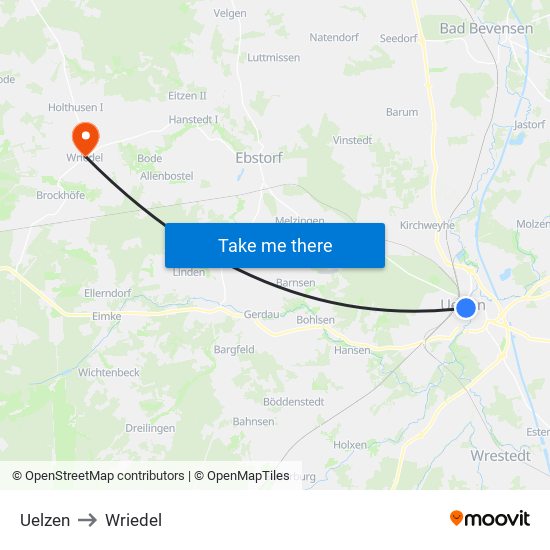 Uelzen to Wriedel map