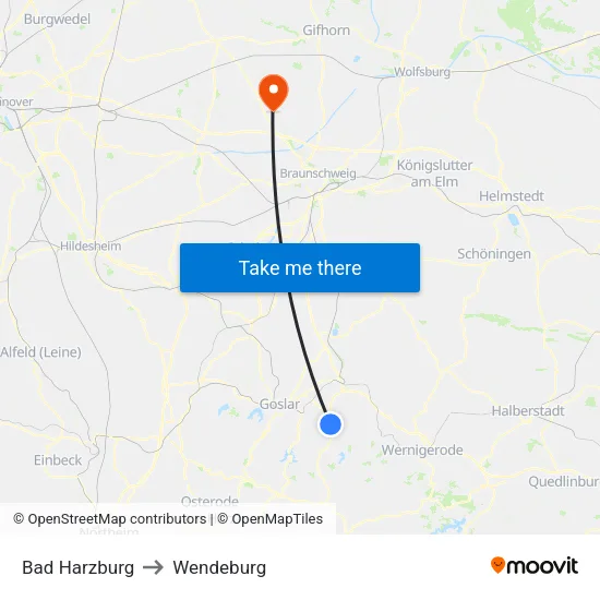 Bad Harzburg to Wendeburg map