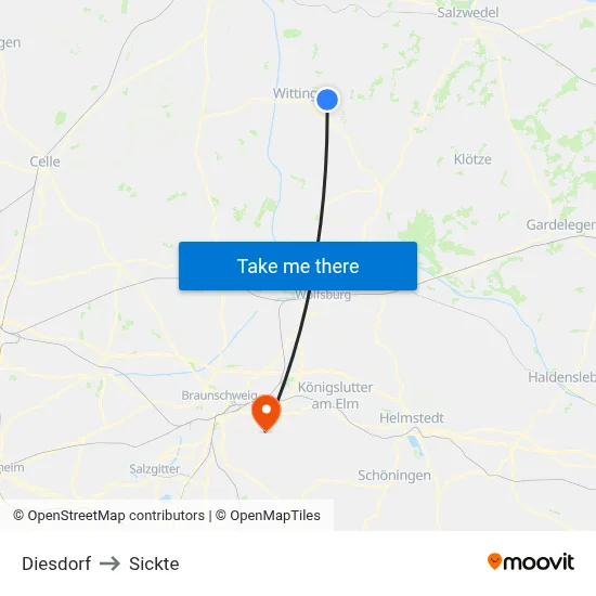Diesdorf to Sickte map