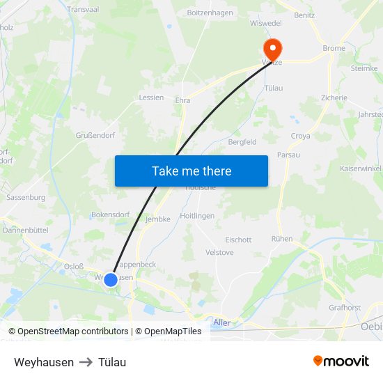 Weyhausen to Tülau map