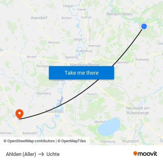 Ahlden (Aller) to Uchte map