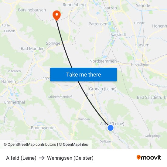 Alfeld (Leine) to Wennigsen (Deister) map