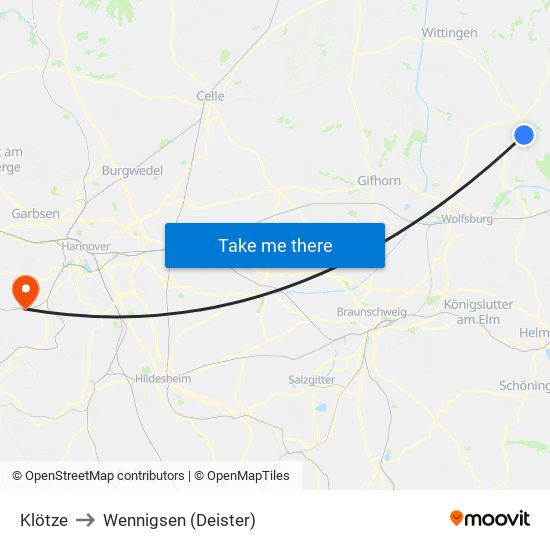 Klötze to Wennigsen (Deister) map