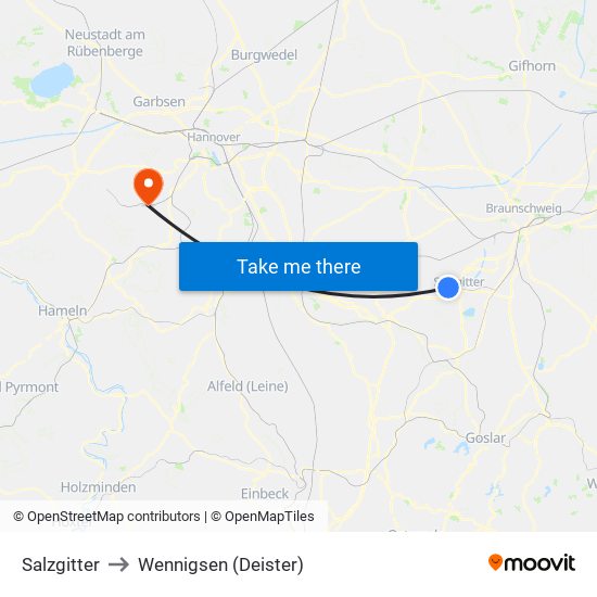 Salzgitter to Wennigsen (Deister) map