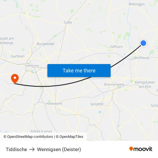 Tiddische to Wennigsen (Deister) map