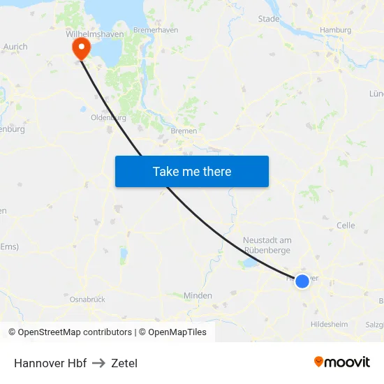 Hannover Hbf to Zetel map