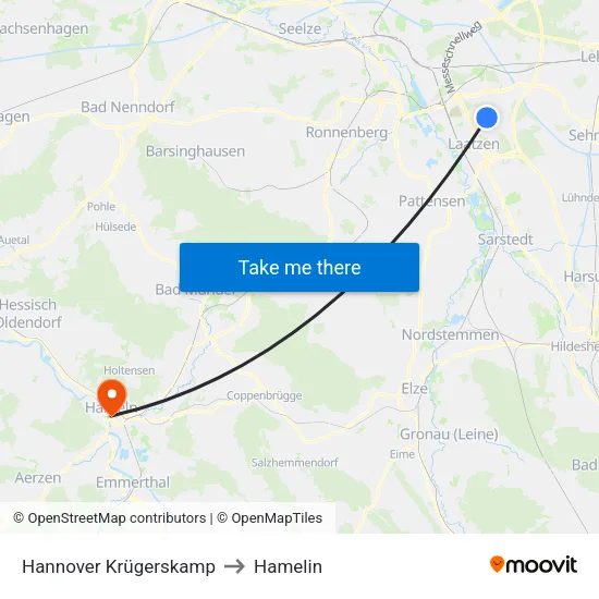 Hannover Krügerskamp to Hamelin map