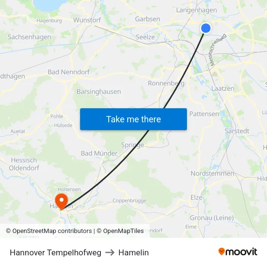 Hannover Tempelhofweg to Hamelin map