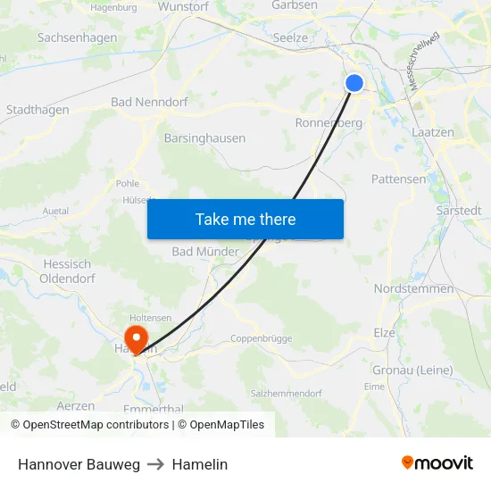 Hannover Bauweg to Hamelin map