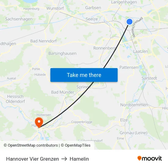 Hannover Vier Grenzen to Hamelin map