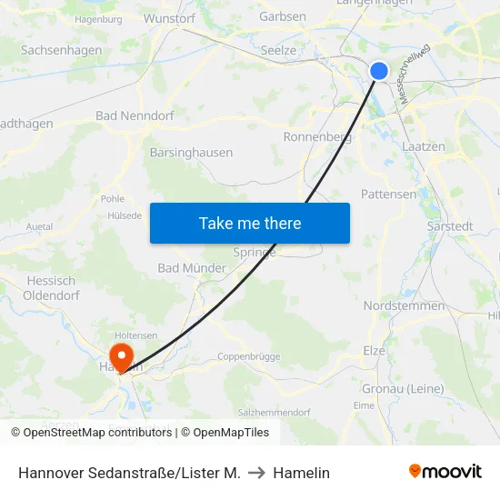 Hannover Sedanstraße/Lister M. to Hamelin map