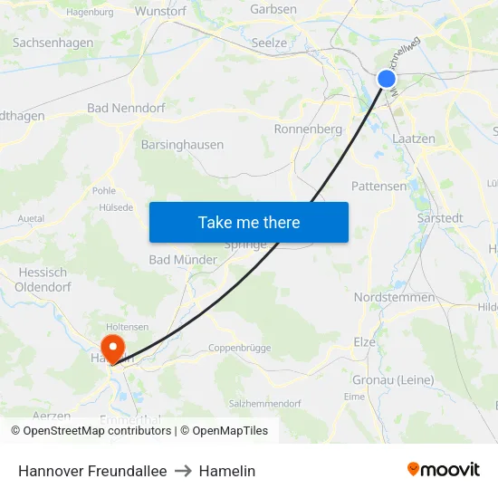 Hannover Freundallee to Hamelin map