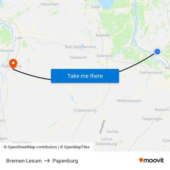 Bremen-Lesum to Papenburg map