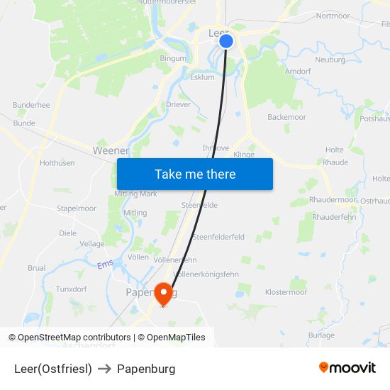 Leer(Ostfriesl) to Papenburg map