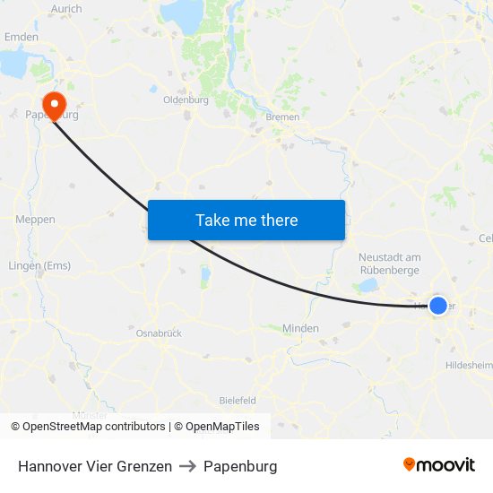 Hannover Vier Grenzen to Papenburg map