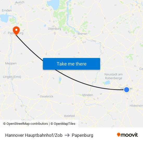 Hannover Hauptbahnhof/Zob to Papenburg map