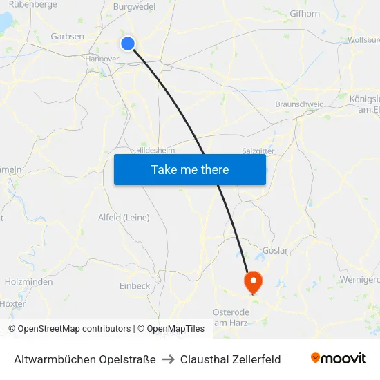 Altwarmbüchen Opelstraße to Clausthal Zellerfeld map