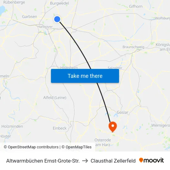 Altwarmbüchen Ernst-Grote-Str. to Clausthal Zellerfeld map