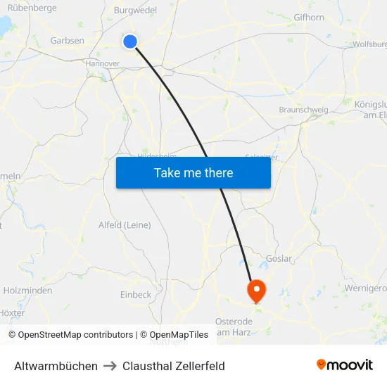 Altwarmbüchen to Clausthal Zellerfeld map