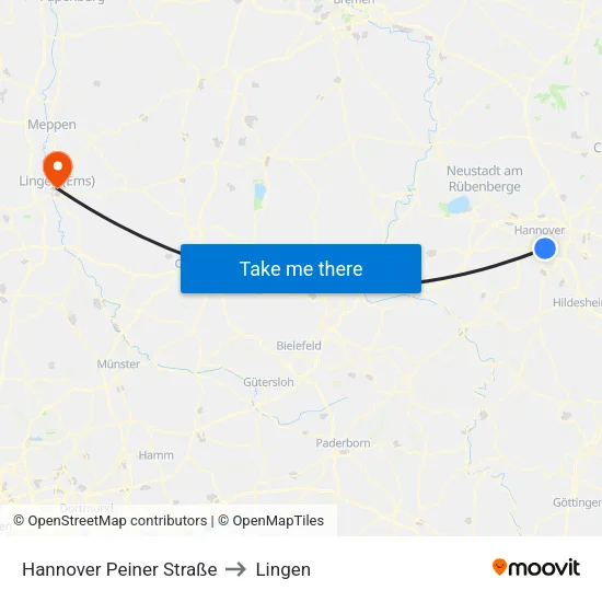 Hannover Peiner Straße to Lingen map