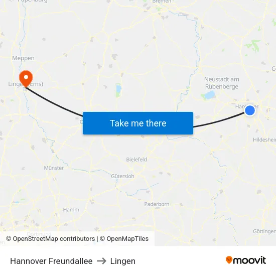Hannover Freundallee to Lingen map