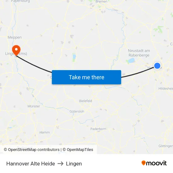 Hannover Alte Heide to Lingen map