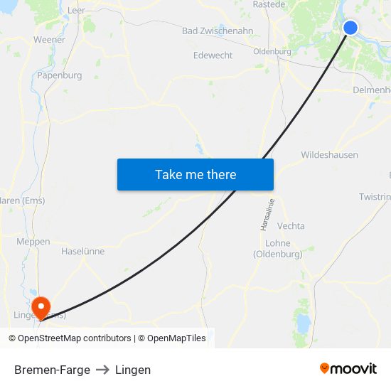 Bremen-Farge to Lingen map