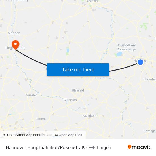 Hannover Hauptbahnhof/Rosenstraße to Lingen map