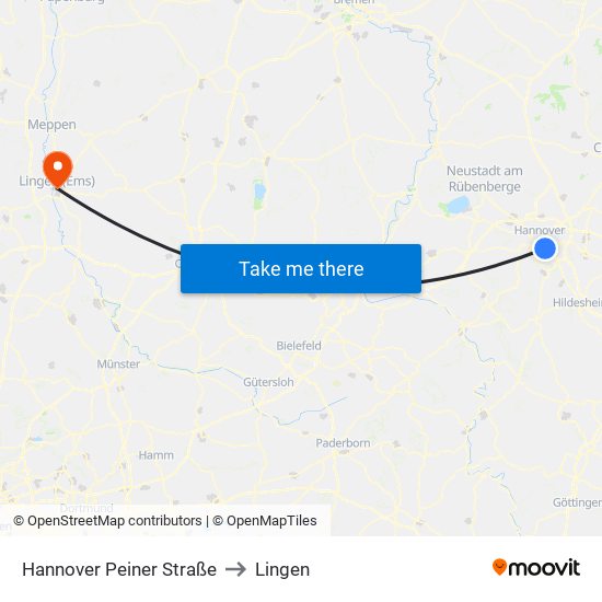 Hannover Peiner Straße to Lingen map