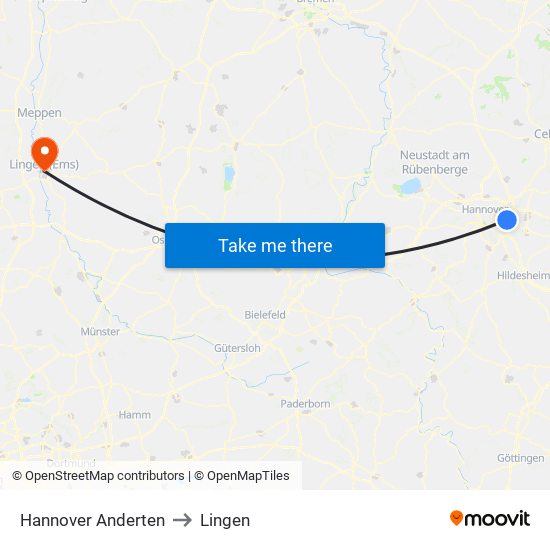 Hannover Anderten to Lingen map