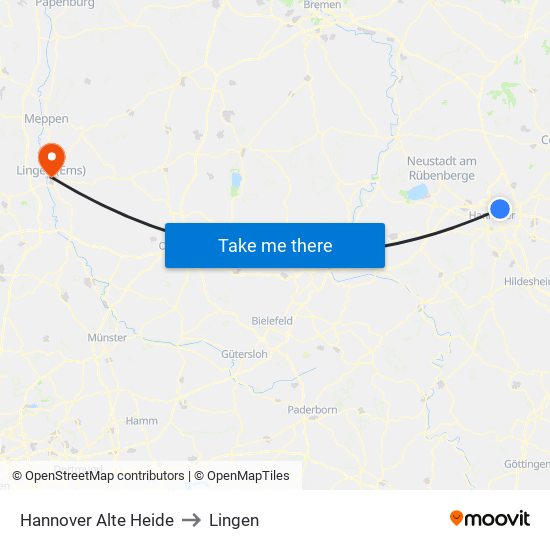 Hannover Alte Heide to Lingen map